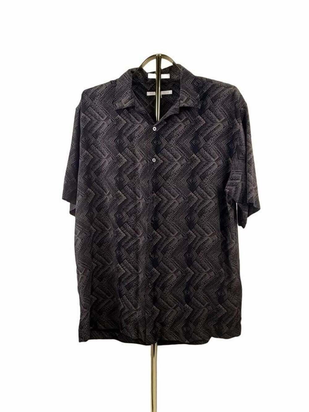 Perry Ellis Silk Short Sleeve Button Up Shirt Size L Geometric Black